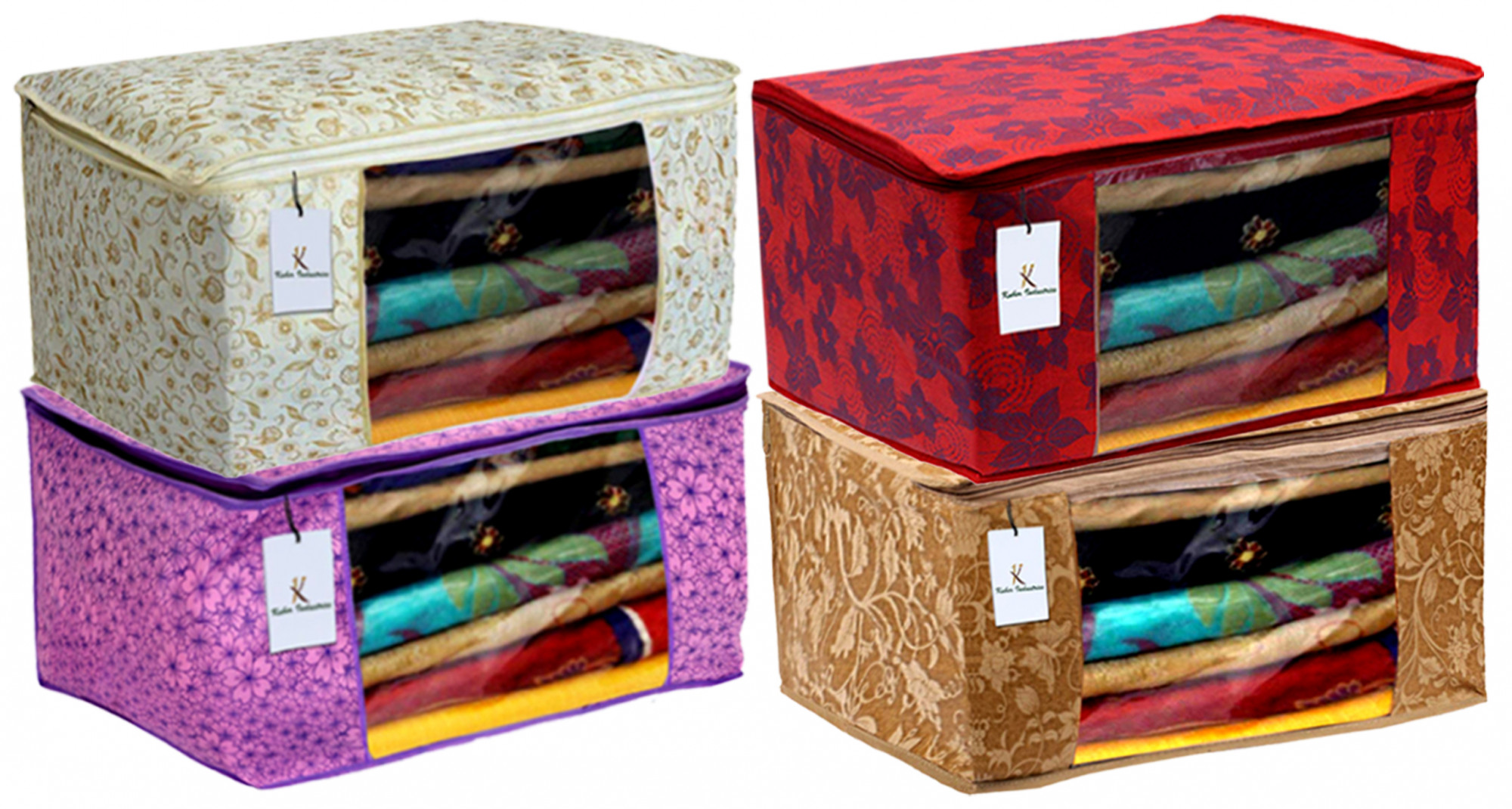 Kuber Industries Metalic Printed Non Woven Fabric Saree Cover Set with Transparent Window, Extra Large, Red & Beige & Pink Purple & Brown -CTKTC40841