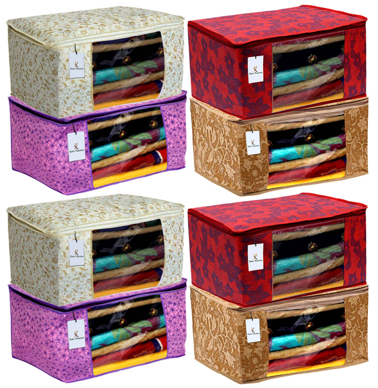Kuber Industries Metalic Printed Non Woven Fabric Saree Cover Set with Transparent Window, Extra Large, Red & Beige & Pink Purple & Brown -CTKTC40841