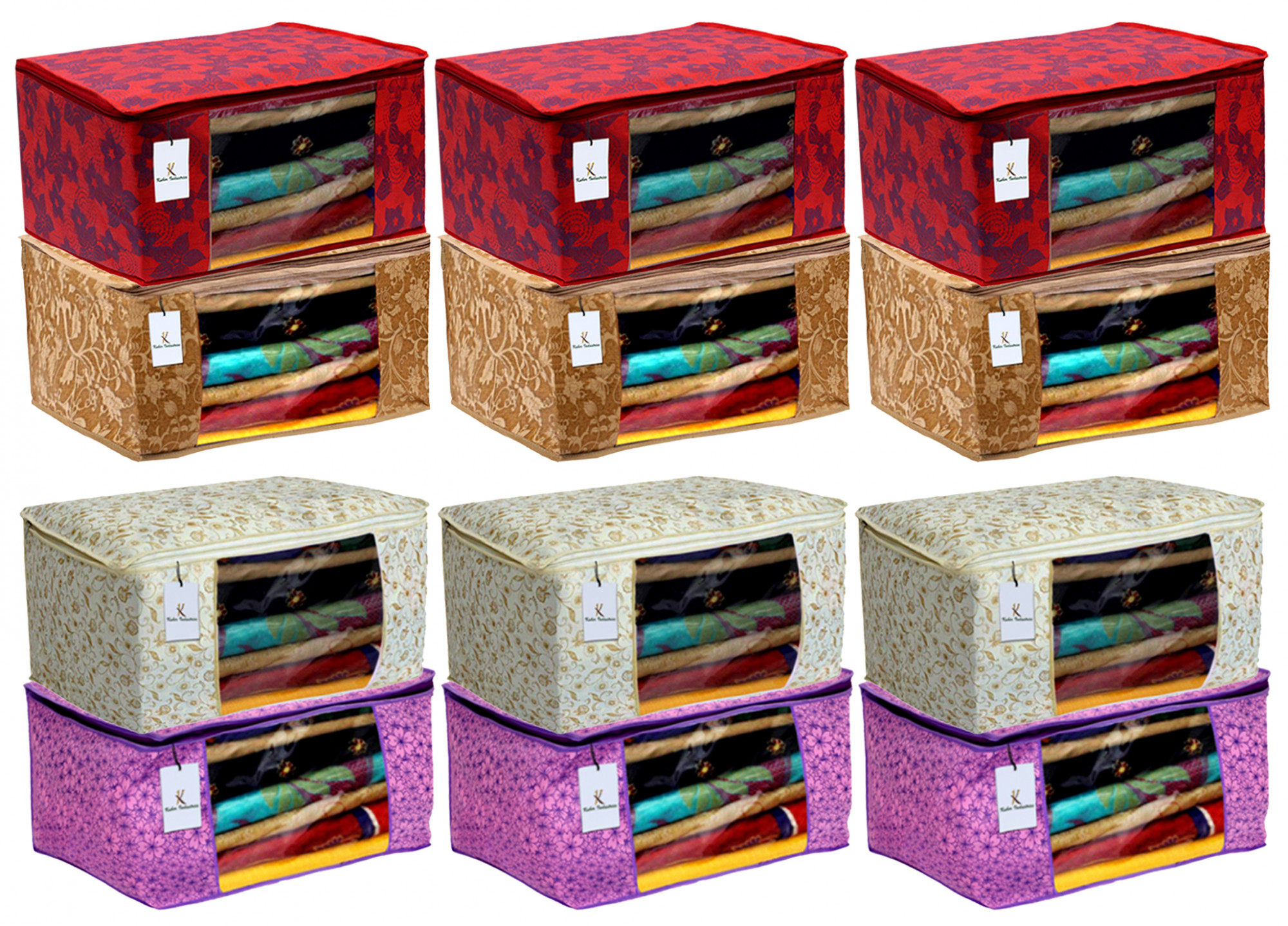 Kuber Industries Metalic Printed Non Woven Fabric Saree Cover Set with Transparent Window, Extra Large, Red & Beige & Pink Purple & Brown -CTKTC40841