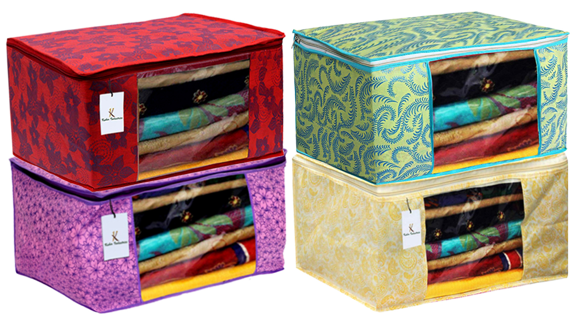 Kuber Industries Metalic Printed Non Woven Fabric Saree Cover Set with Transparent Window, Extra Large, Green & Gold & Red & Pink Purple -CTKTC40843