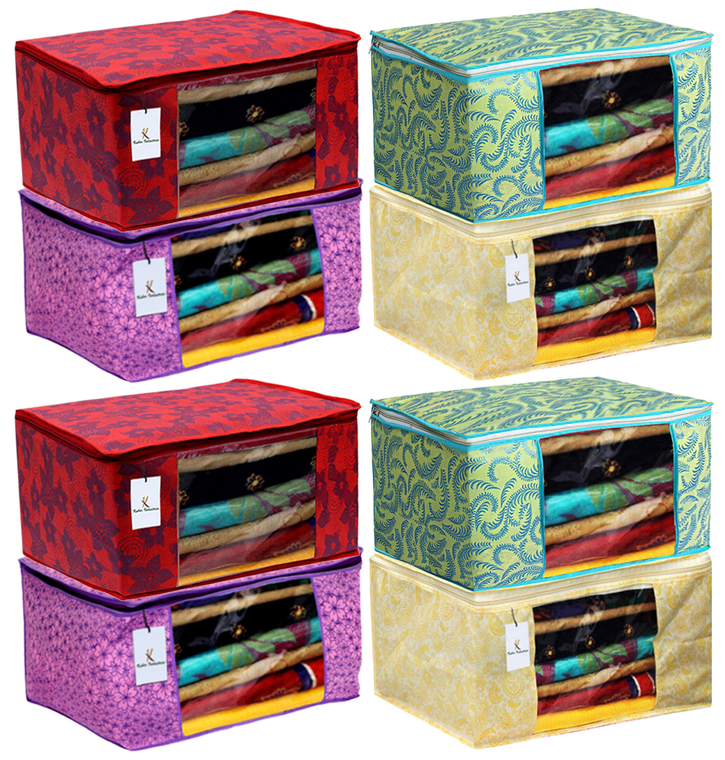 Kuber Industries Metalic Printed Non Woven Fabric Saree Cover Set with Transparent Window, Extra Large, Green & Gold & Red & Pink Purple -CTKTC40843
