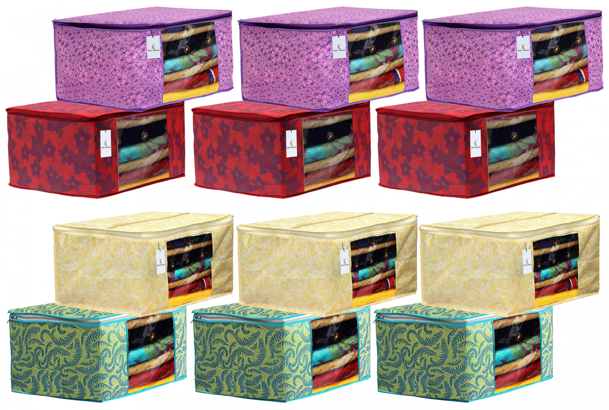 Kuber Industries Metalic Printed Non Woven Fabric Saree Cover Set with Transparent Window, Extra Large, Green & Gold & Red & Pink Purple -CTKTC40843