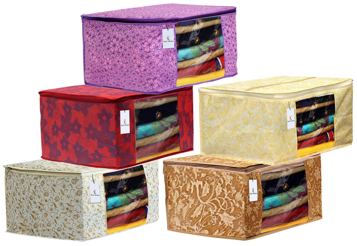 Kuber Industries Metalic Printed Non Woven Fabric Saree Cover Set with Transparent Window, Extra Large, Red & Beige & Brown & Pink Purple & Gold -CTKTC40847