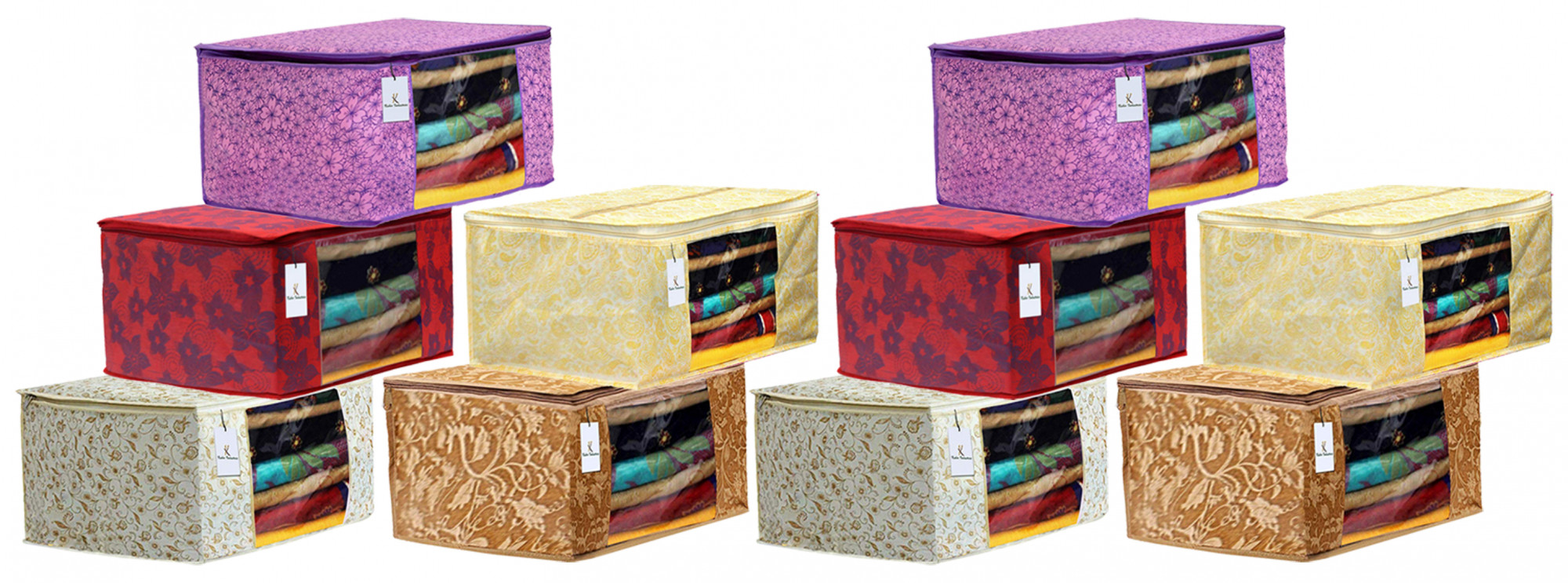 Kuber Industries Metalic Printed Non Woven Fabric Saree Cover Set with Transparent Window, Extra Large, Red & Beige & Brown & Pink Purple & Gold -CTKTC40847