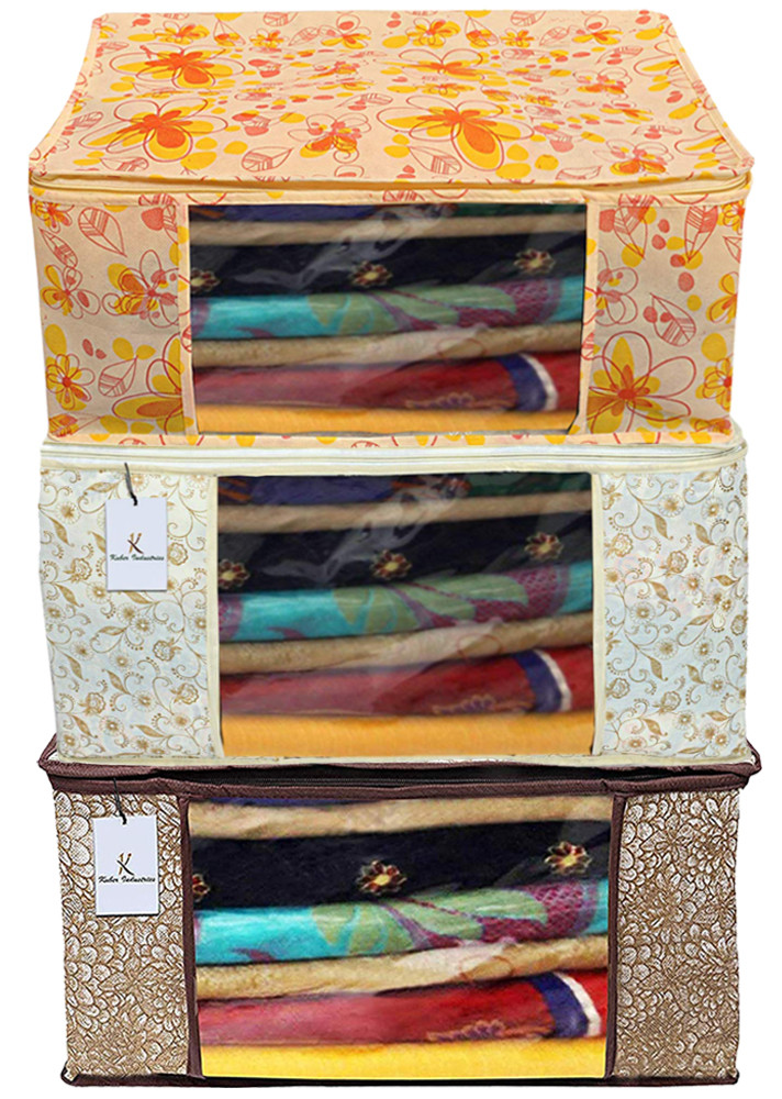 Kuber Industries Metalic Printed Non Woven Fabric Saree Cover Set with Transparent Window, Extra Large, Brown & Golden Brown & Ivory Red -CTKTC40797