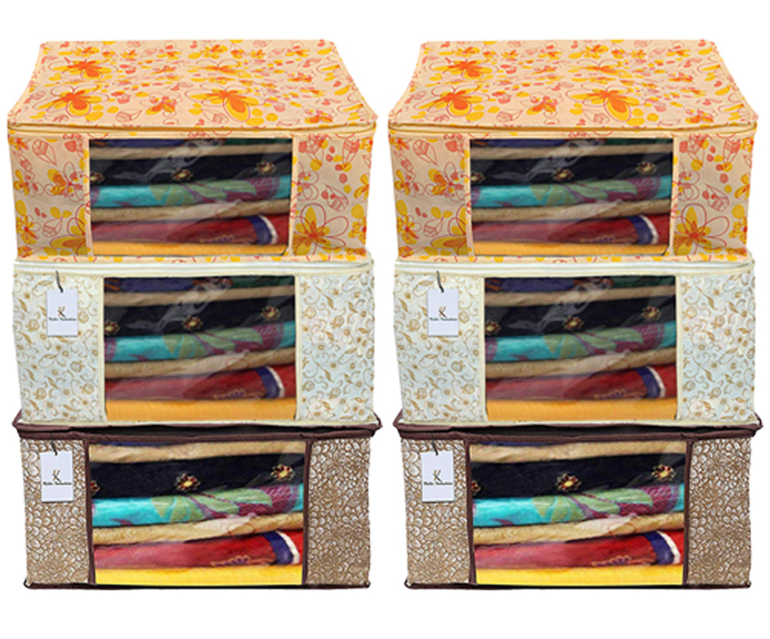 Kuber Industries Metalic Printed Non Woven Fabric Saree Cover Set with Transparent Window, Extra Large, Brown & Golden Brown & Ivory Red -CTKTC40797