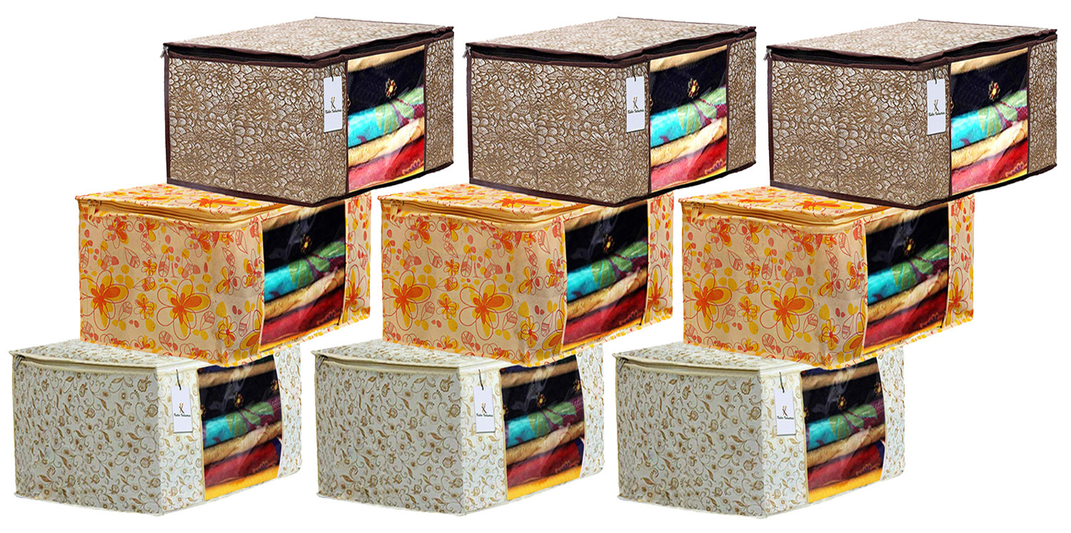 Kuber Industries Metalic Printed Non Woven Fabric Saree Cover Set with Transparent Window, Extra Large, Brown & Golden Brown & Ivory Red -CTKTC40797