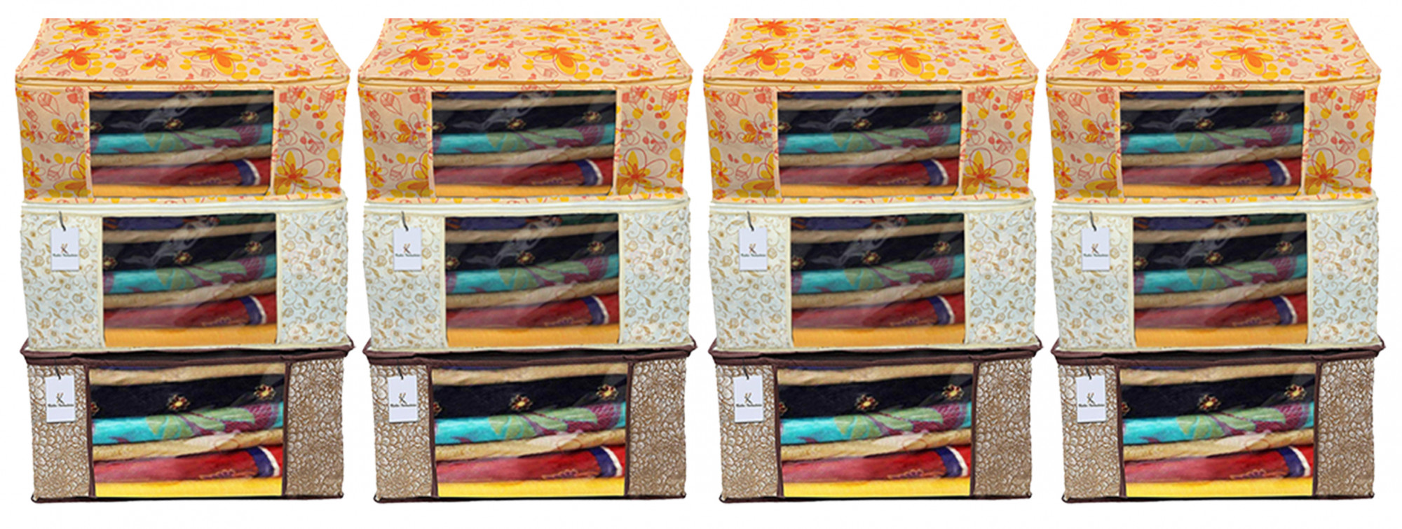 Kuber Industries Metalic Printed Non Woven Fabric Saree Cover Set with Transparent Window, Extra Large, Brown & Golden Brown & Ivory Red -CTKTC40797