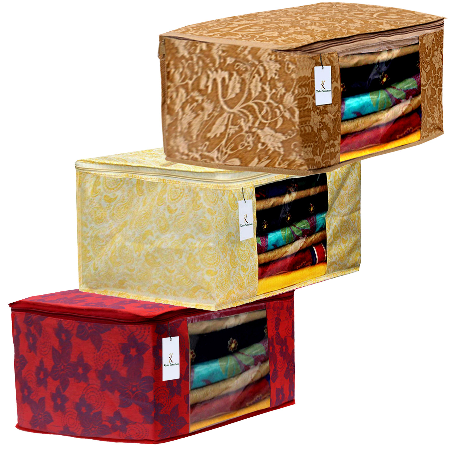 Kuber Industries Metalic Printed Non Woven Fabric Saree Cover Set with Transparent Window, Extra Large, Gold & Red & Beige -CTKTC40799