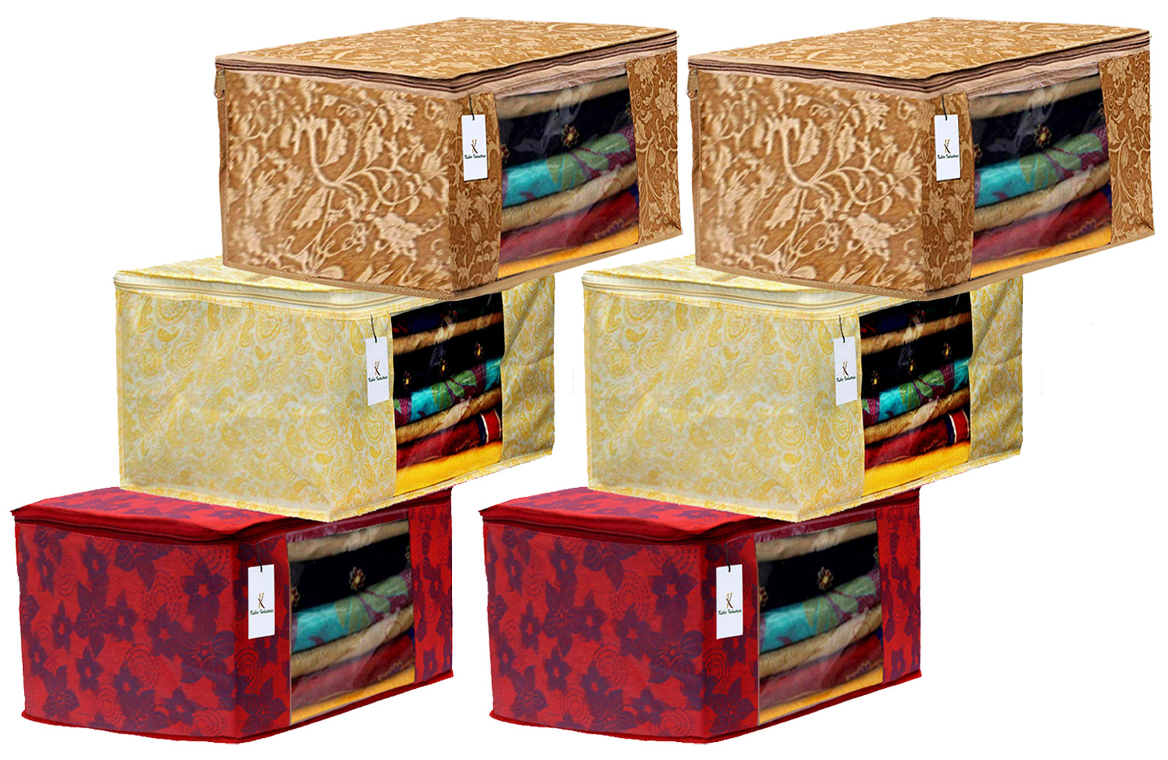 Kuber Industries Metalic Printed Non Woven Fabric Saree Cover Set with Transparent Window, Extra Large, Gold & Red & Beige -CTKTC40799