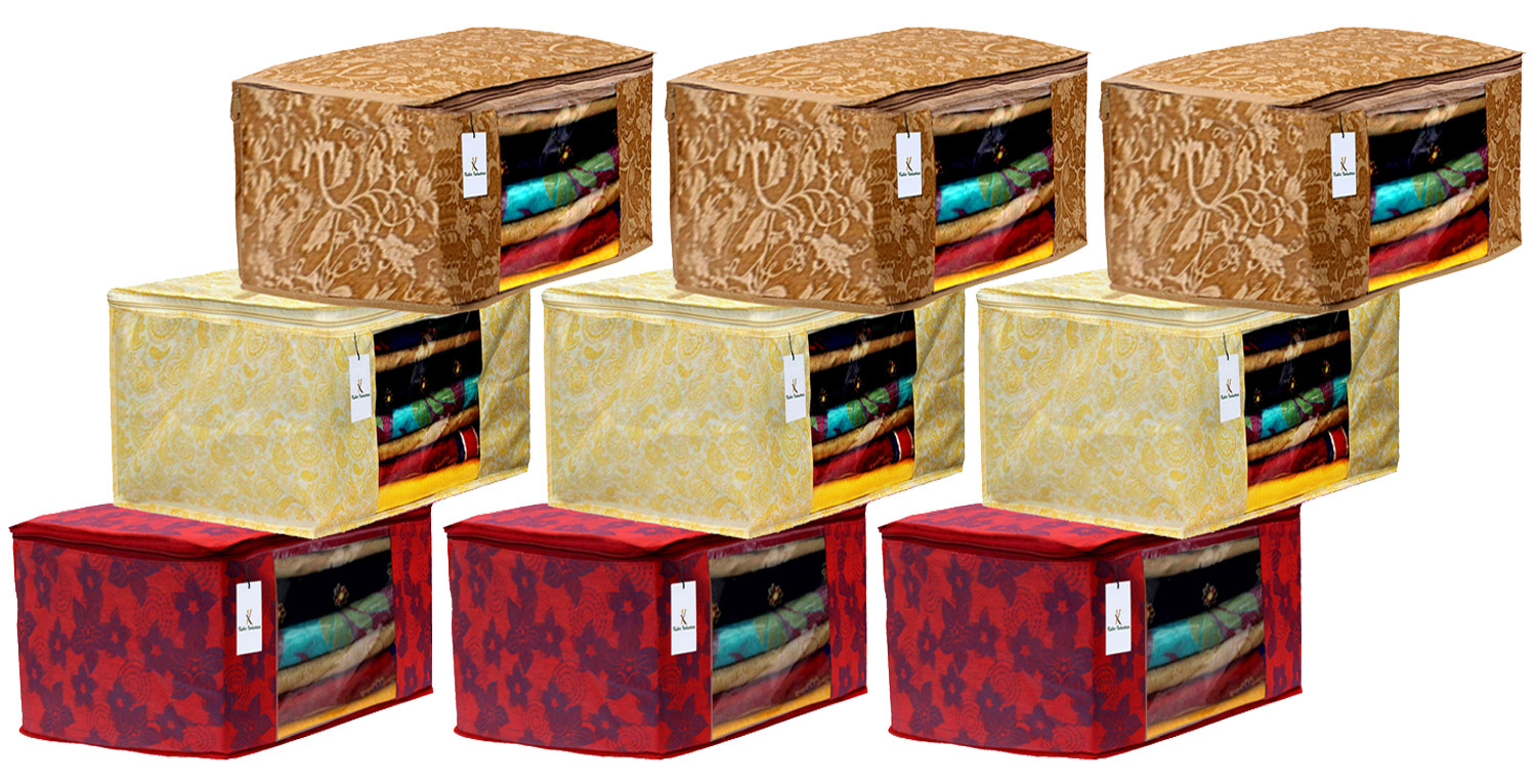 Kuber Industries Metalic Printed Non Woven Fabric Saree Cover Set with Transparent Window, Extra Large, Gold & Red & Beige -CTKTC40799