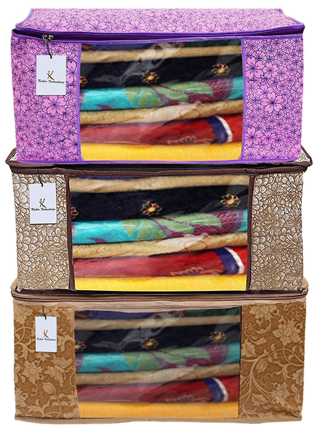 Kuber Industries Metalic Printed Non Woven Fabric Saree Cover Set with Transparent Window, Extra Large, Pink Purple & Golden Brown & Beige -CTKTC40801