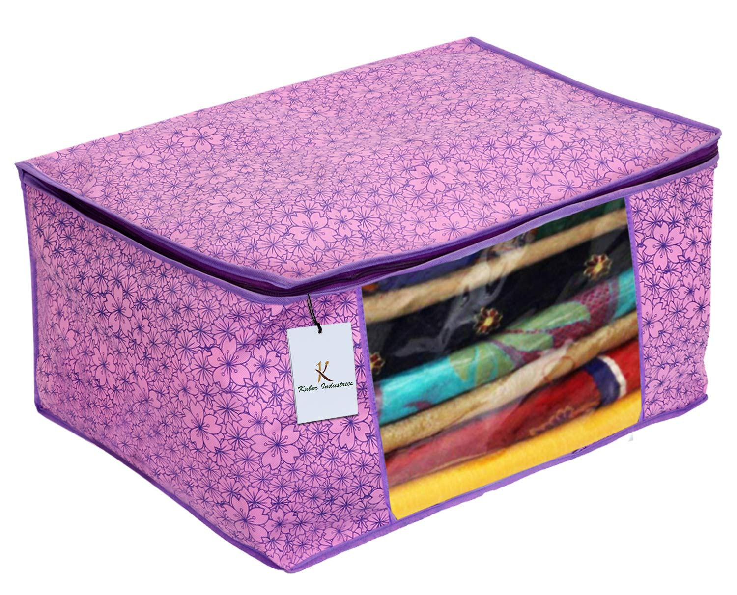 Kuber Industries Metalic Printed Non Woven Fabric Saree Cover Set with Transparent Window, Extra Large, Pink Purple & Golden Brown & Beige -CTKTC40801