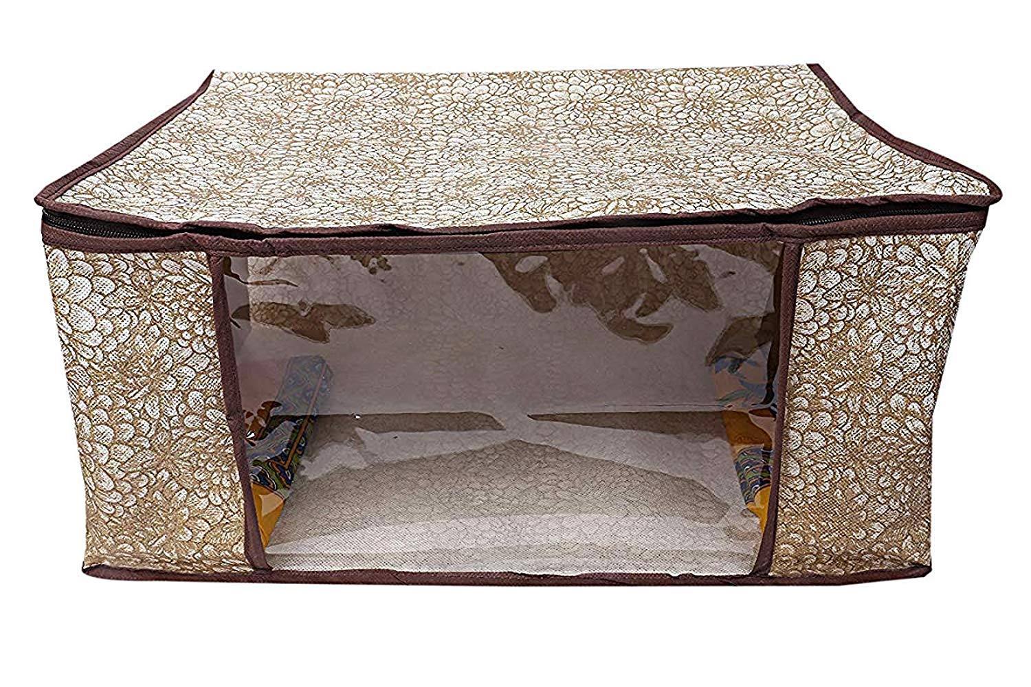Kuber Industries Metalic Printed Non Woven Fabric Saree Cover Set with Transparent Window, Extra Large, Pink Purple & Golden Brown & Beige -CTKTC40801