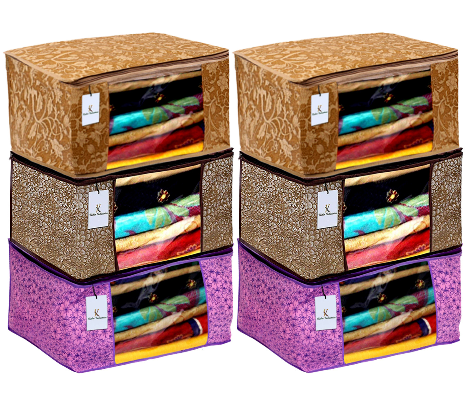 Kuber Industries Metalic Printed Non Woven Fabric Saree Cover Set with Transparent Window, Extra Large, Pink Purple & Golden Brown & Beige -CTKTC40801