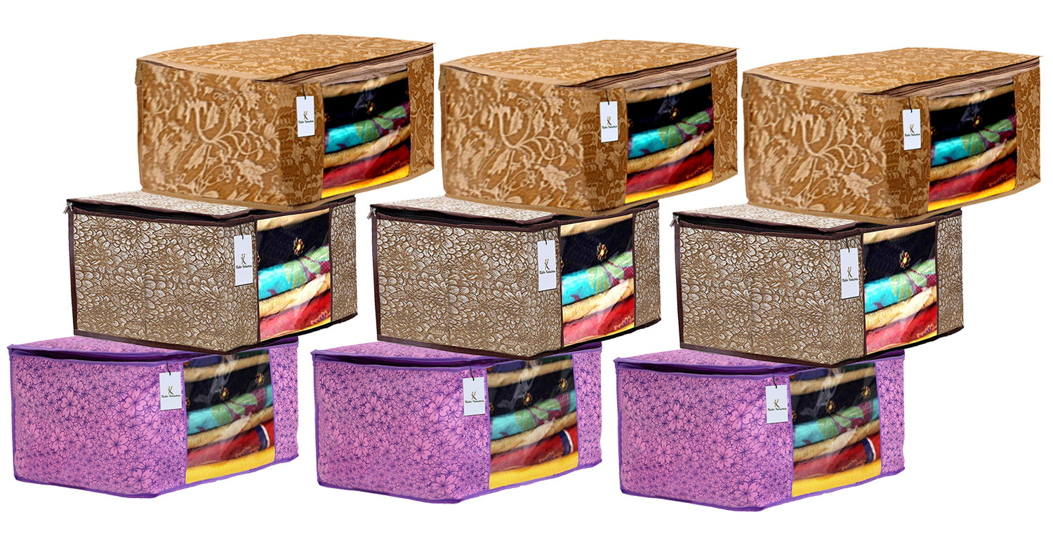 Kuber Industries Metalic Printed Non Woven Fabric Saree Cover Set with Transparent Window, Extra Large, Pink Purple & Golden Brown & Beige -CTKTC40801
