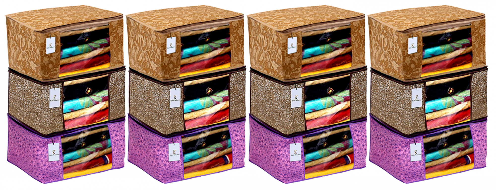 Kuber Industries Metalic Printed Non Woven Fabric Saree Cover Set with Transparent Window, Extra Large, Pink Purple & Golden Brown & Beige -CTKTC40801
