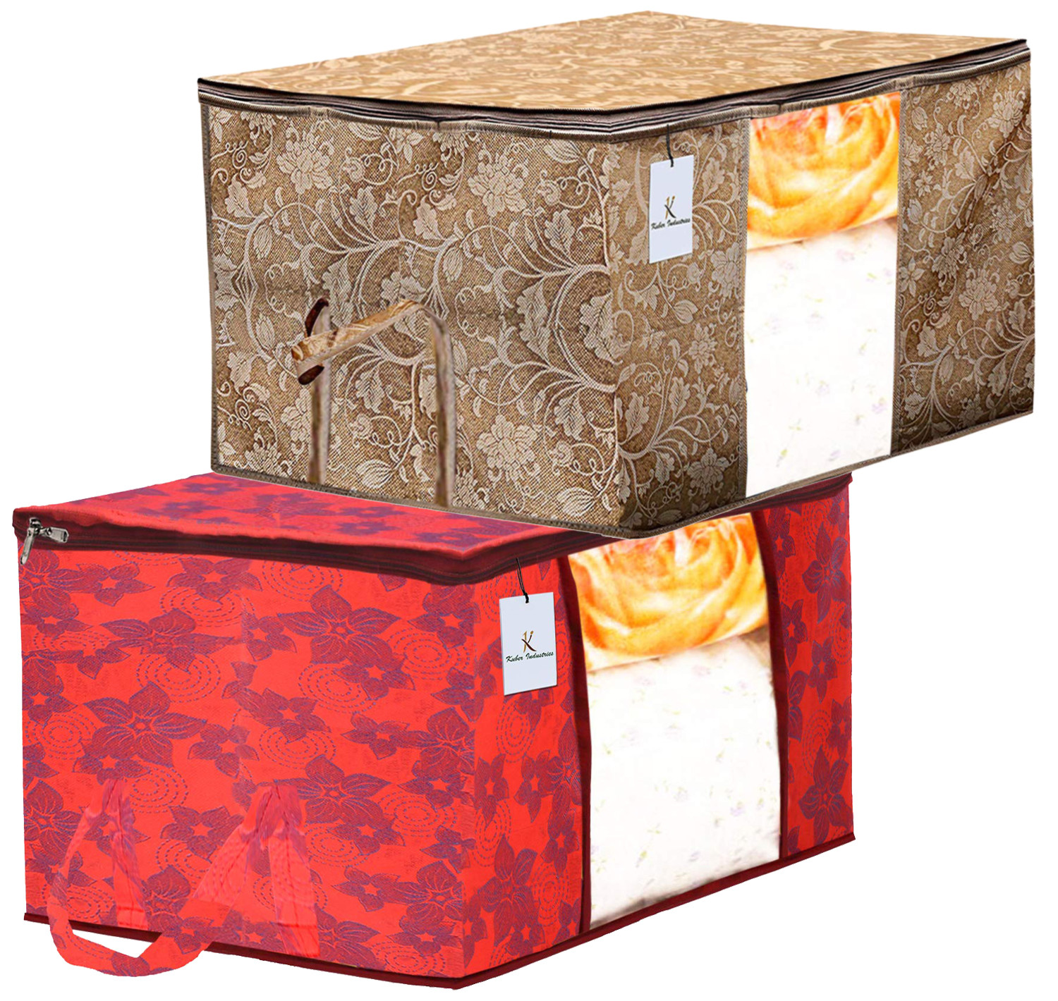 Kuber Industries Metalic Printed Non Woven Fabric Underbed Storage Bag,Cloth Organiser,Blanket Cover with Transparent Window, Beige & Red -CTKTC41045