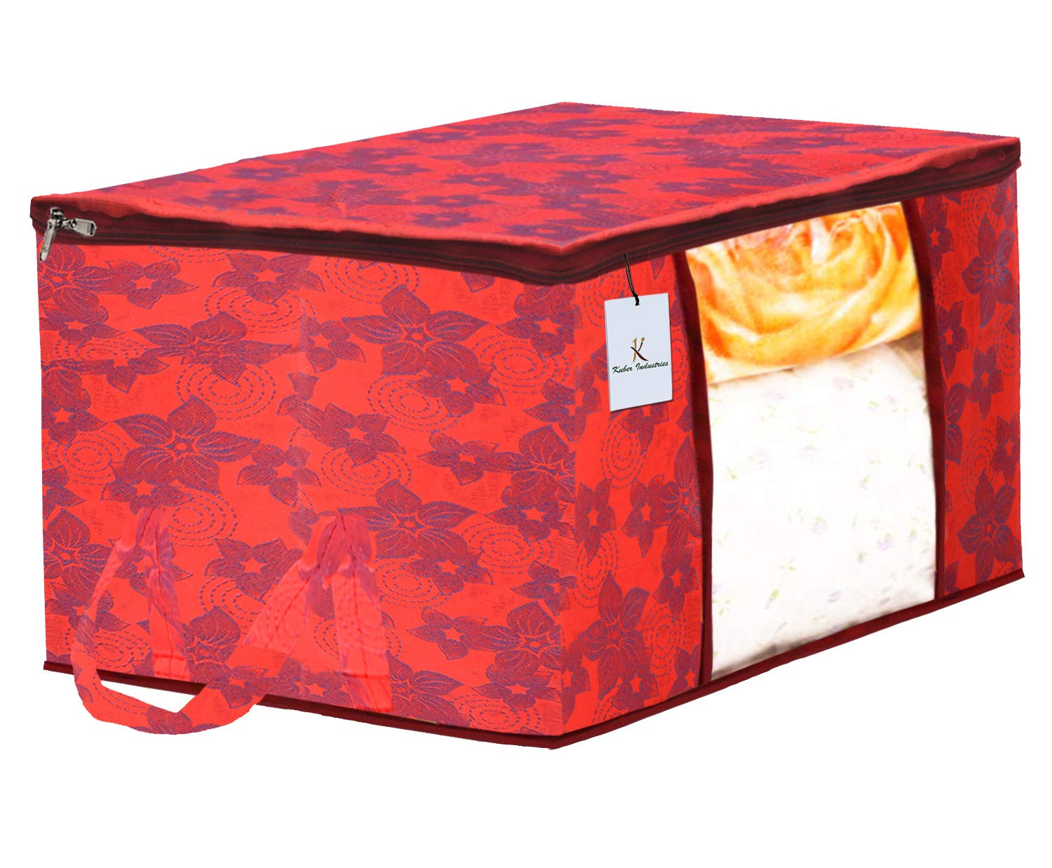 Kuber Industries Metalic Printed Non Woven Fabric Underbed Storage Bag,Cloth Organiser,Blanket Cover with Transparent Window, Beige & Red -CTKTC41045