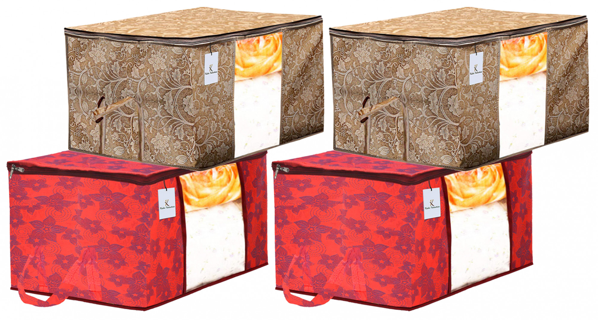 Kuber Industries Metalic Printed Non Woven Fabric Underbed Storage Bag,Cloth Organiser,Blanket Cover with Transparent Window, Beige & Red -CTKTC41045