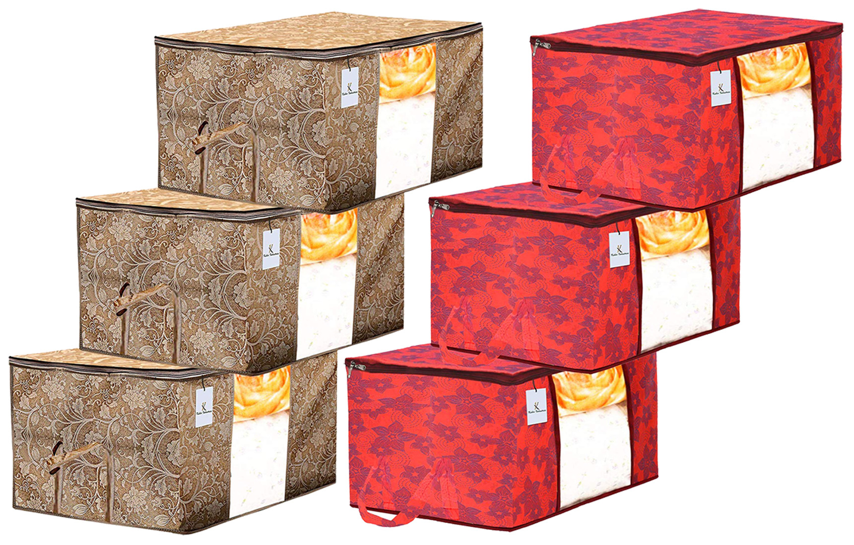 Kuber Industries Metalic Printed Non Woven Fabric Underbed Storage Bag,Cloth Organiser,Blanket Cover with Transparent Window, Beige & Red -CTKTC41045