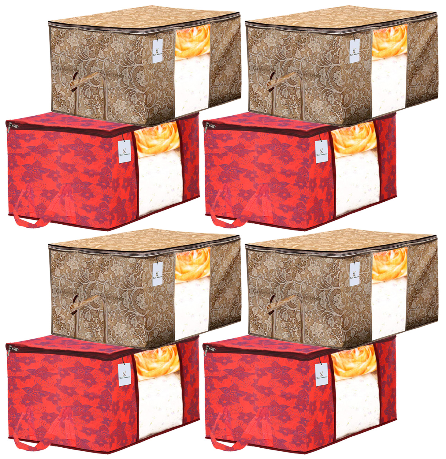 Kuber Industries Metalic Printed Non Woven Fabric Underbed Storage Bag,Cloth Organiser,Blanket Cover with Transparent Window, Beige & Red -CTKTC41045