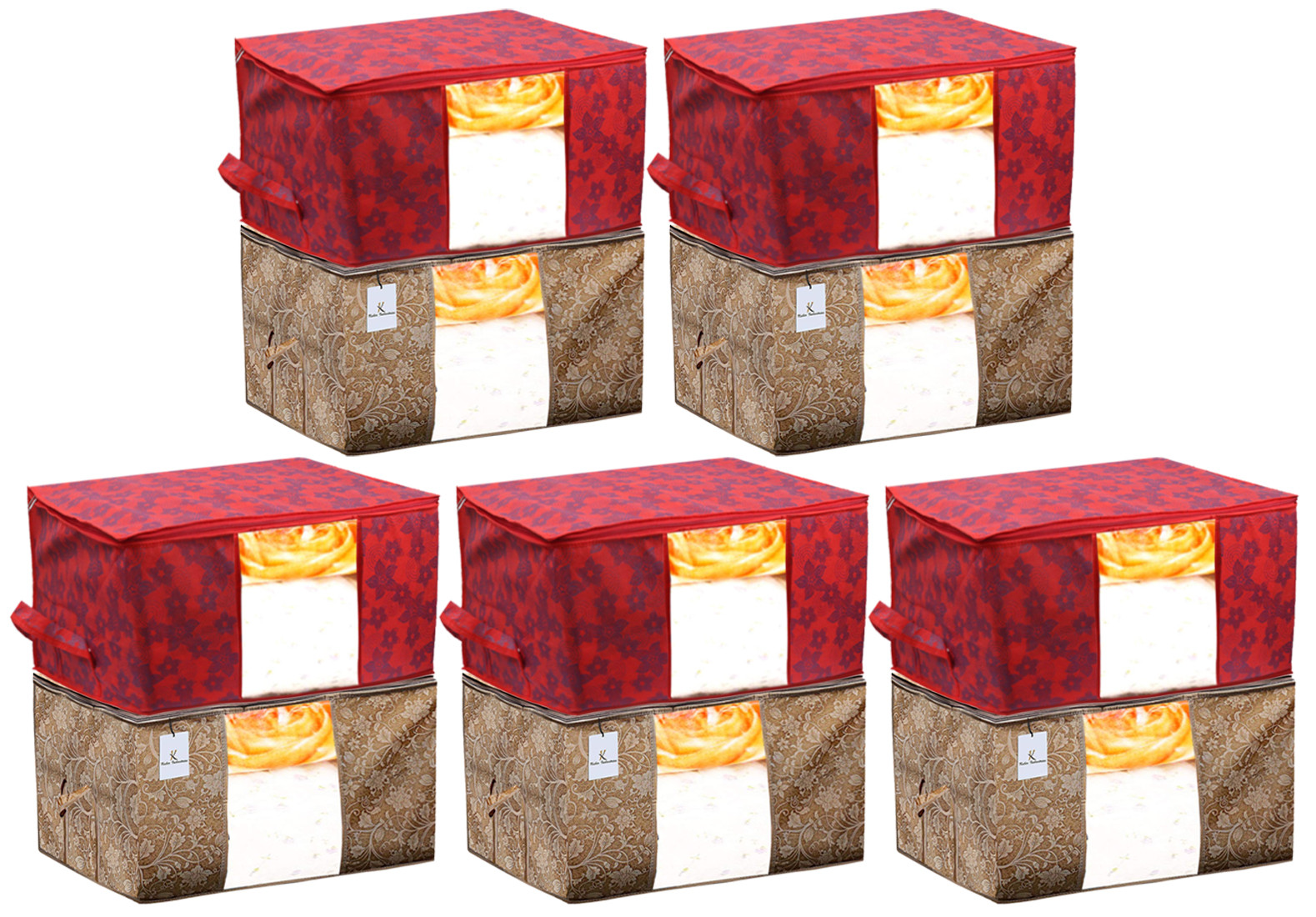 Kuber Industries Metalic Printed Non Woven Fabric Underbed Storage Bag,Cloth Organiser,Blanket Cover with Transparent Window, Beige & Red -CTKTC41045
