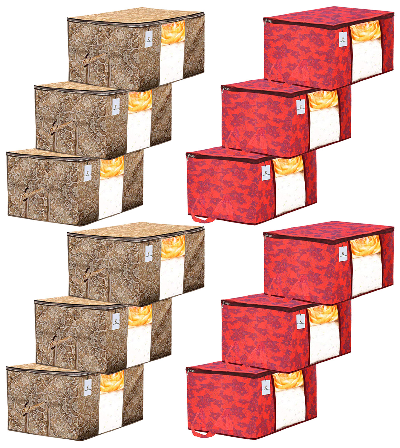 Kuber Industries Metalic Printed Non Woven Fabric Underbed Storage Bag,Cloth Organiser,Blanket Cover with Transparent Window, Beige & Red -CTKTC41045