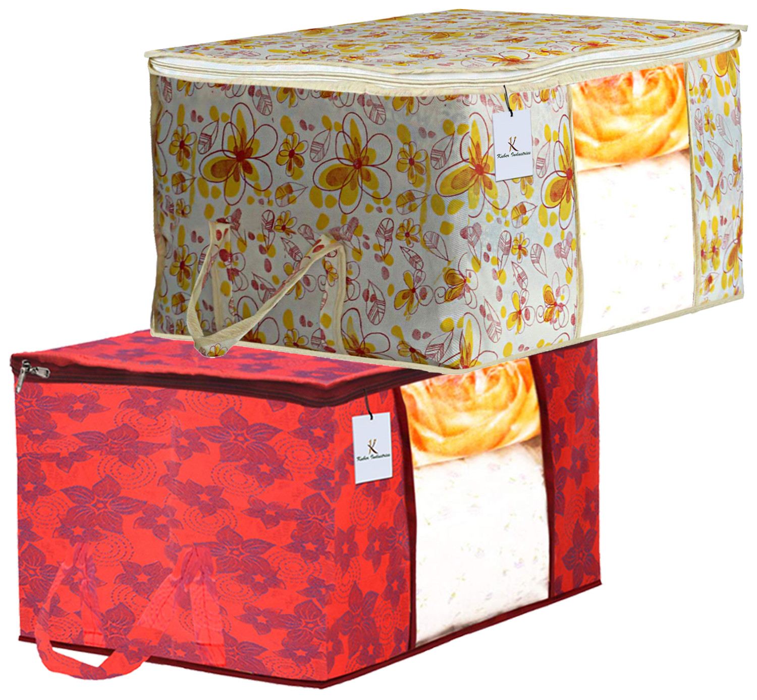 Kuber Industries Metalic Printed Non Woven Fabric Underbed Storage Bag,Cloth Organiser,Blanket Cover with Transparent Window, Ivory Red & Red -CTKTC41047