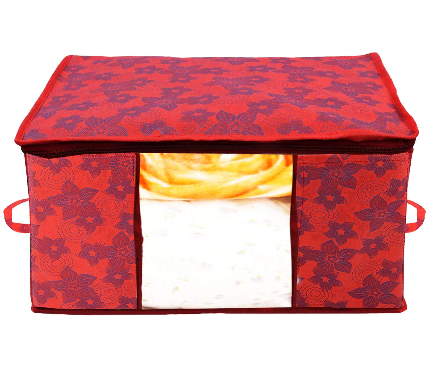 Kuber Industries Metalic Printed Non Woven Fabric Underbed Storage Bag,Cloth Organiser,Blanket Cover with Transparent Window, Ivory Red & Red -CTKTC41047