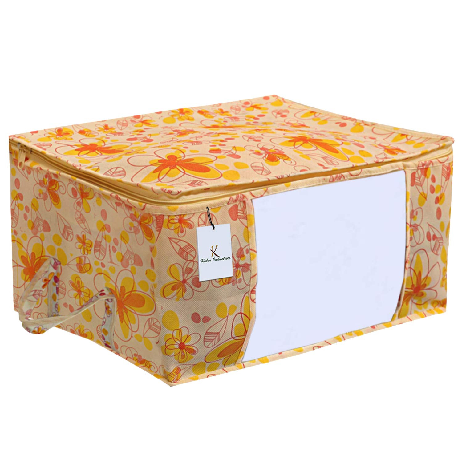 Kuber Industries Metalic Printed Non Woven Fabric Underbed Storage Bag,Cloth Organiser,Blanket Cover with Transparent Window, Ivory Red & Red -CTKTC41047