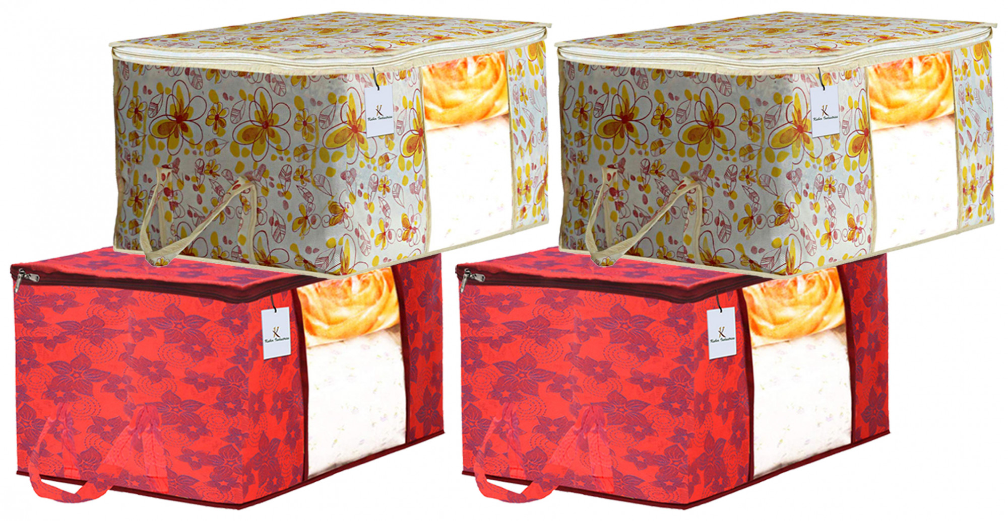 Kuber Industries Metalic Printed Non Woven Fabric Underbed Storage Bag,Cloth Organiser,Blanket Cover with Transparent Window, Ivory Red & Red -CTKTC41047