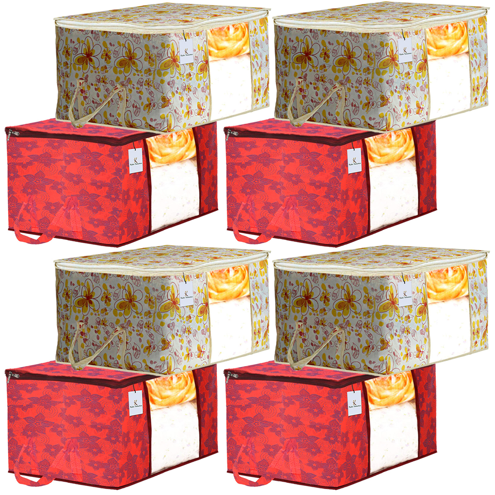 Kuber Industries Metalic Printed Non Woven Fabric Underbed Storage Bag,Cloth Organiser,Blanket Cover with Transparent Window, Ivory Red & Red -CTKTC41047