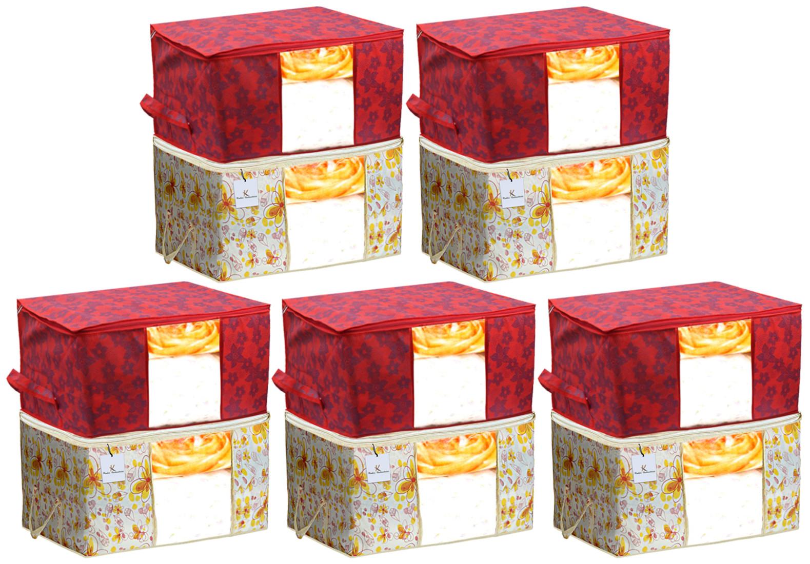 Kuber Industries Metalic Printed Non Woven Fabric Underbed Storage Bag,Cloth Organiser,Blanket Cover with Transparent Window, Ivory Red & Red -CTKTC41047