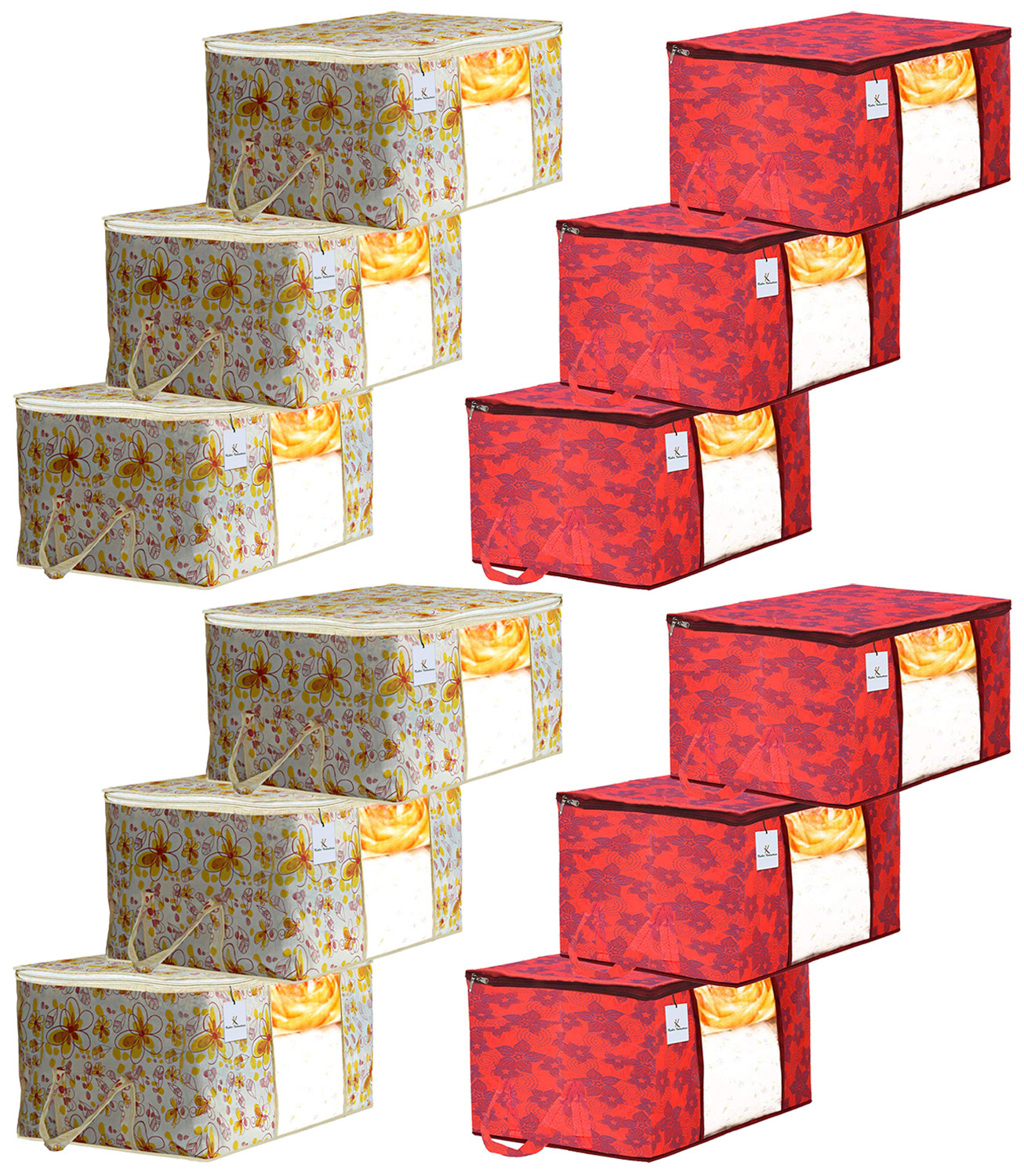 Kuber Industries Metalic Printed Non Woven Fabric Underbed Storage Bag,Cloth Organiser,Blanket Cover with Transparent Window, Ivory Red & Red -CTKTC41047
