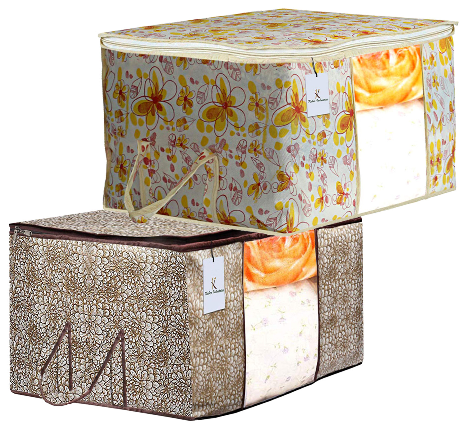 Kuber Industries Metalic Printed Non Woven Fabric Underbed Storage Bag,Cloth Organiser,Blanket Cover with Transparent Window, Ivory Red & Golden Brown -CTKTC41049