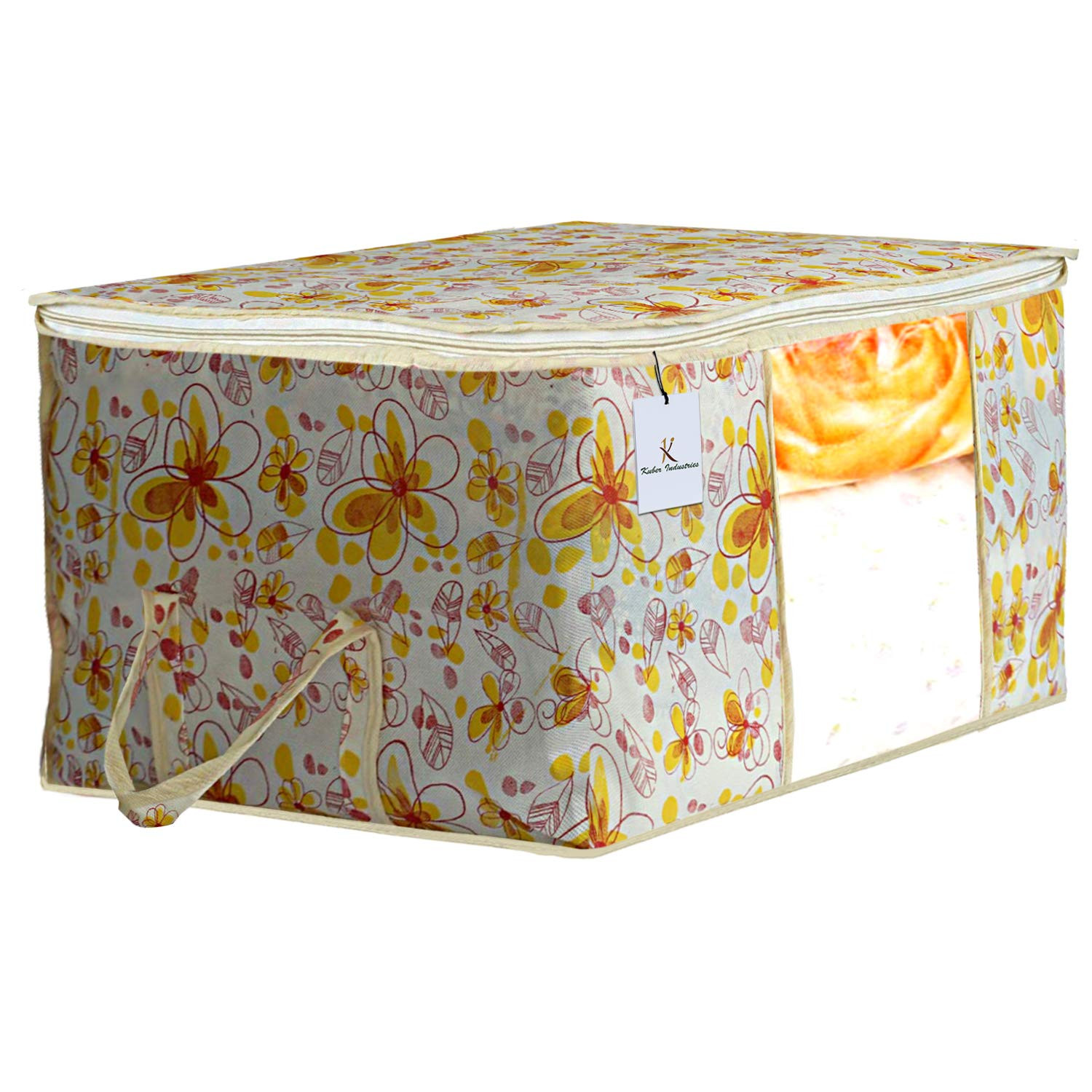 Kuber Industries Metalic Printed Non Woven Fabric Underbed Storage Bag,Cloth Organiser,Blanket Cover with Transparent Window, Ivory Red & Golden Brown -CTKTC41049