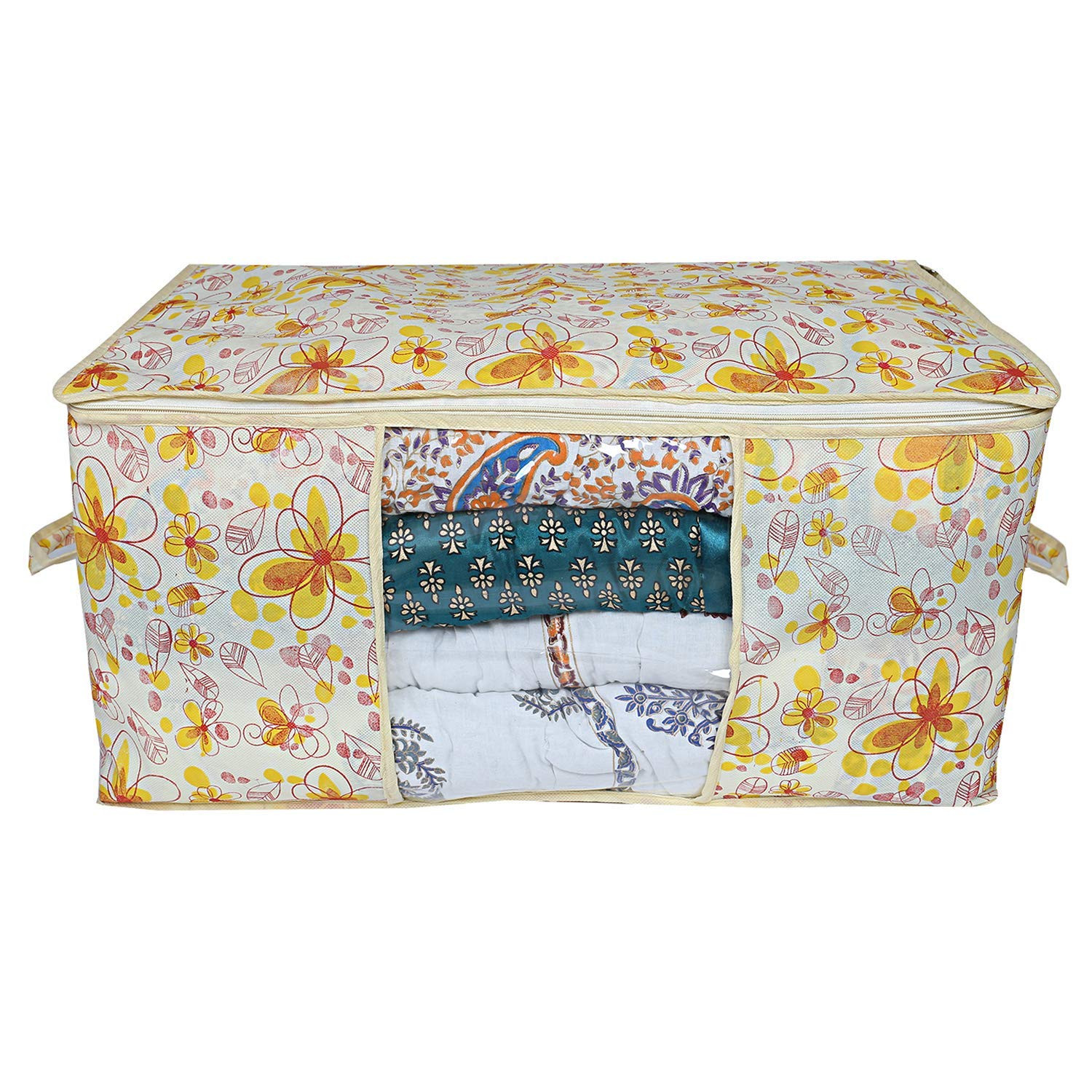 Kuber Industries Metalic Printed Non Woven Fabric Underbed Storage Bag,Cloth Organiser,Blanket Cover with Transparent Window, Ivory Red & Golden Brown -CTKTC41049
