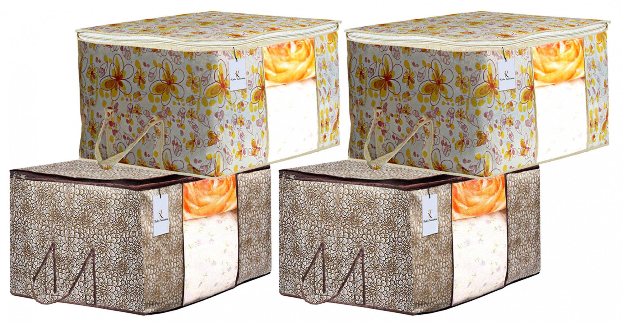 Kuber Industries Metalic Printed Non Woven Fabric Underbed Storage Bag,Cloth Organiser,Blanket Cover with Transparent Window, Ivory Red & Golden Brown -CTKTC41049