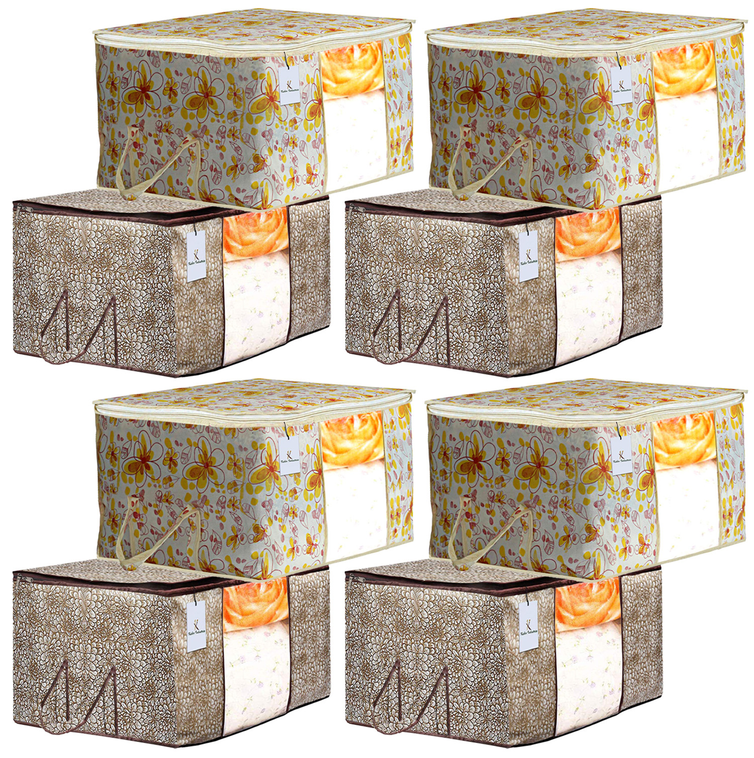 Kuber Industries Metalic Printed Non Woven Fabric Underbed Storage Bag,Cloth Organiser,Blanket Cover with Transparent Window, Ivory Red & Golden Brown -CTKTC41049