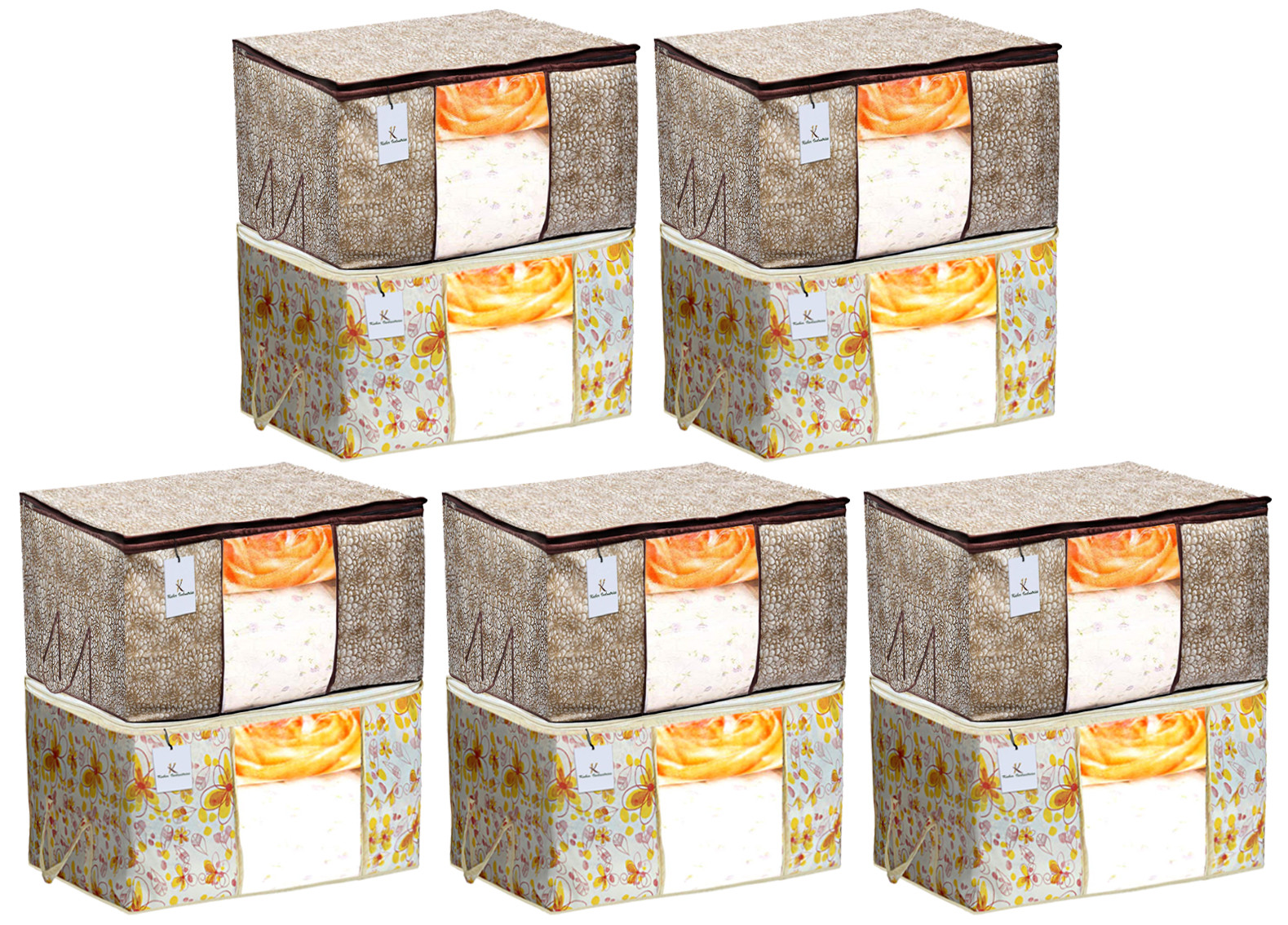 Kuber Industries Metalic Printed Non Woven Fabric Underbed Storage Bag,Cloth Organiser,Blanket Cover with Transparent Window, Ivory Red & Golden Brown -CTKTC41049