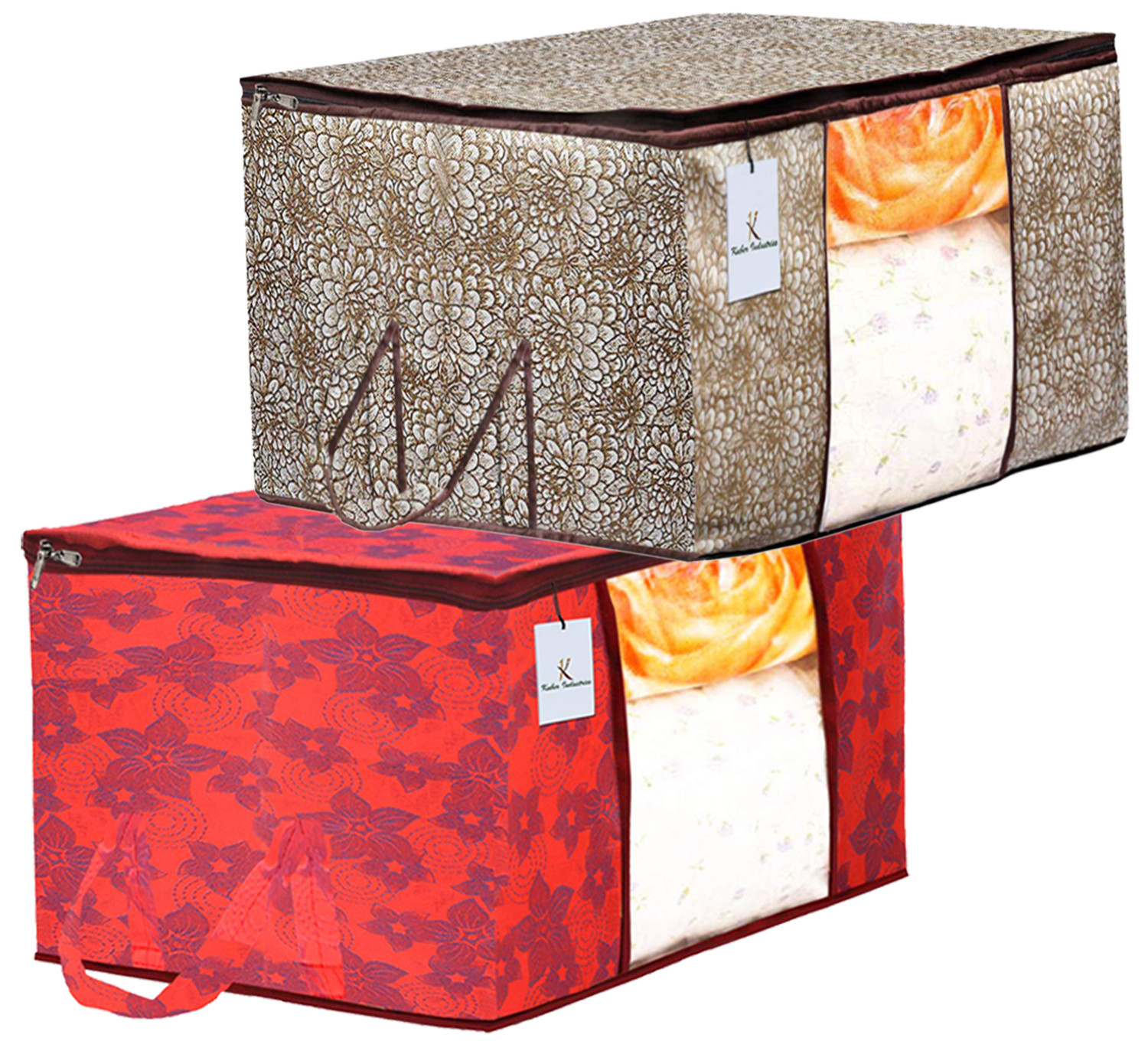 Kuber Industries Metalic Printed Non Woven Fabric Underbed Storage Bag,Cloth Organiser,Blanket Cover with Transparent Window, Golden Brown & Red -CTKTC41051