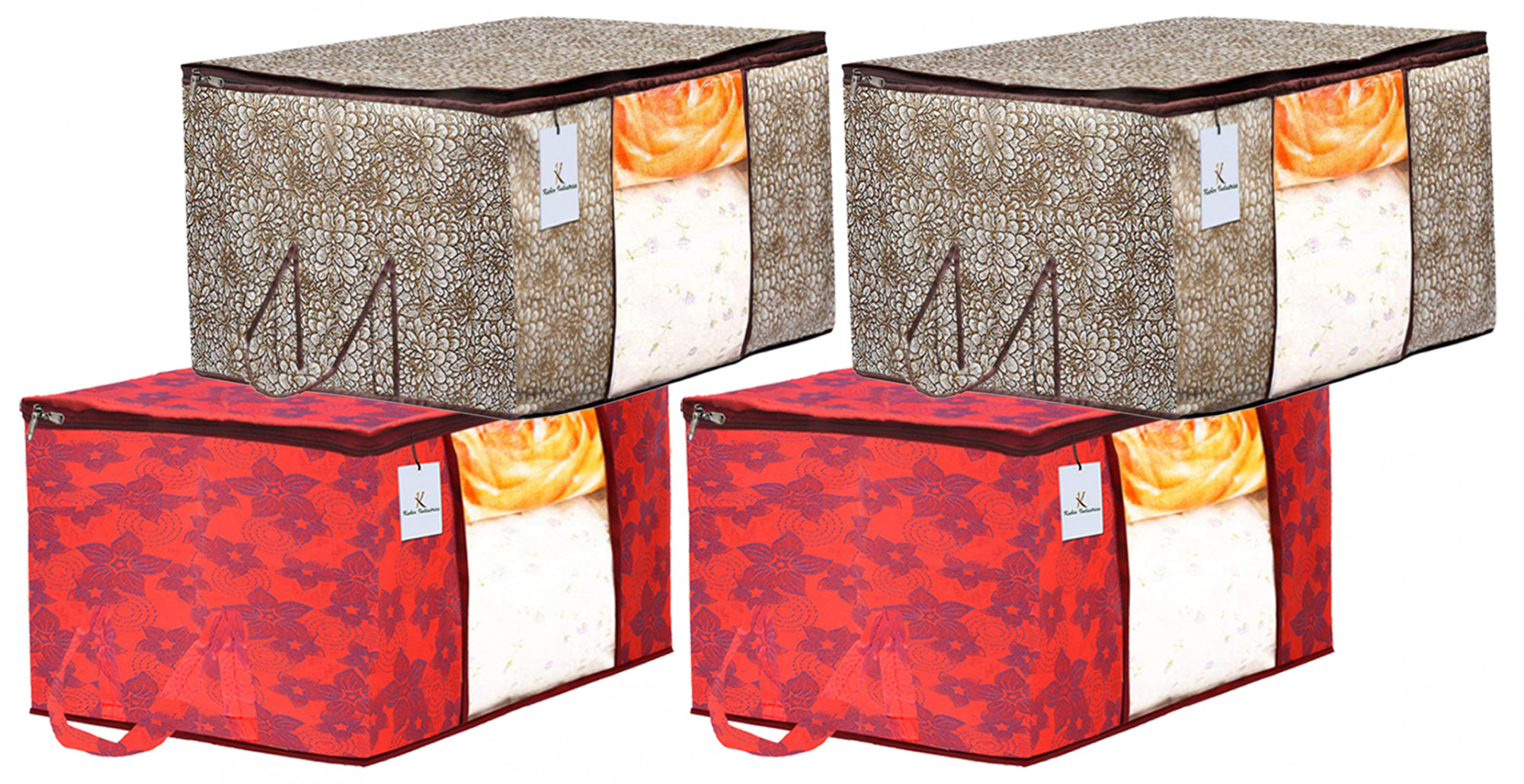 Kuber Industries Metalic Printed Non Woven Fabric Underbed Storage Bag,Cloth Organiser,Blanket Cover with Transparent Window, Golden Brown & Red -CTKTC41051