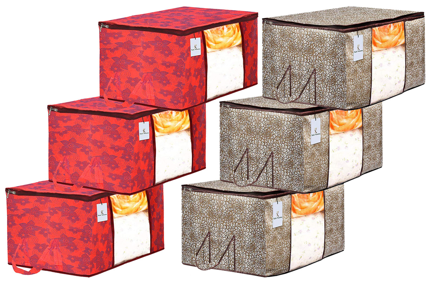 Kuber Industries Metalic Printed Non Woven Fabric Underbed Storage Bag,Cloth Organiser,Blanket Cover with Transparent Window, Golden Brown & Red -CTKTC41051