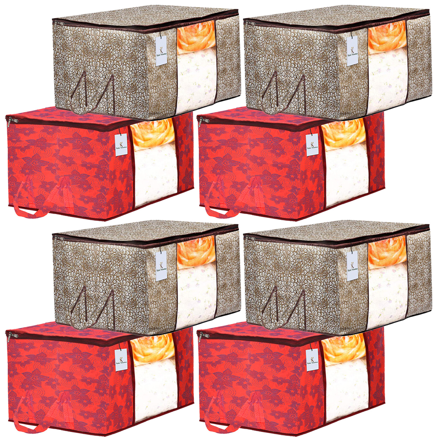 Kuber Industries Metalic Printed Non Woven Fabric Underbed Storage Bag,Cloth Organiser,Blanket Cover with Transparent Window, Golden Brown & Red -CTKTC41051