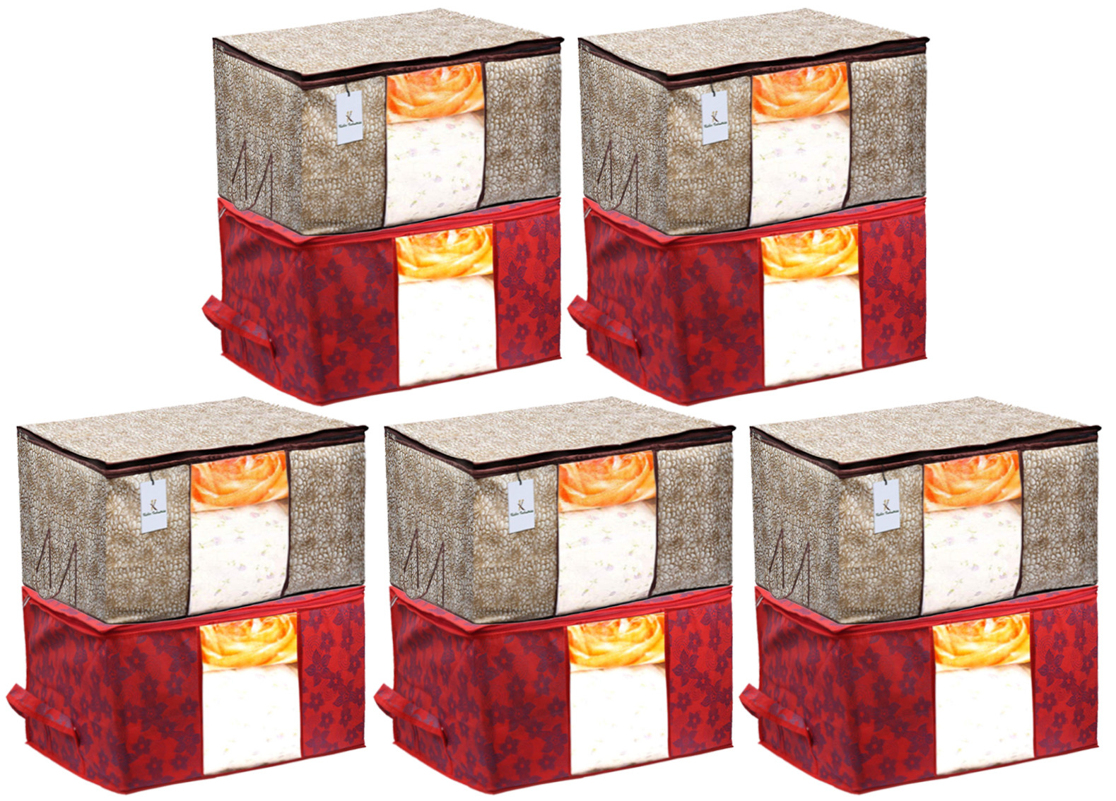 Kuber Industries Metalic Printed Non Woven Fabric Underbed Storage Bag,Cloth Organiser,Blanket Cover with Transparent Window, Golden Brown & Red -CTKTC41051