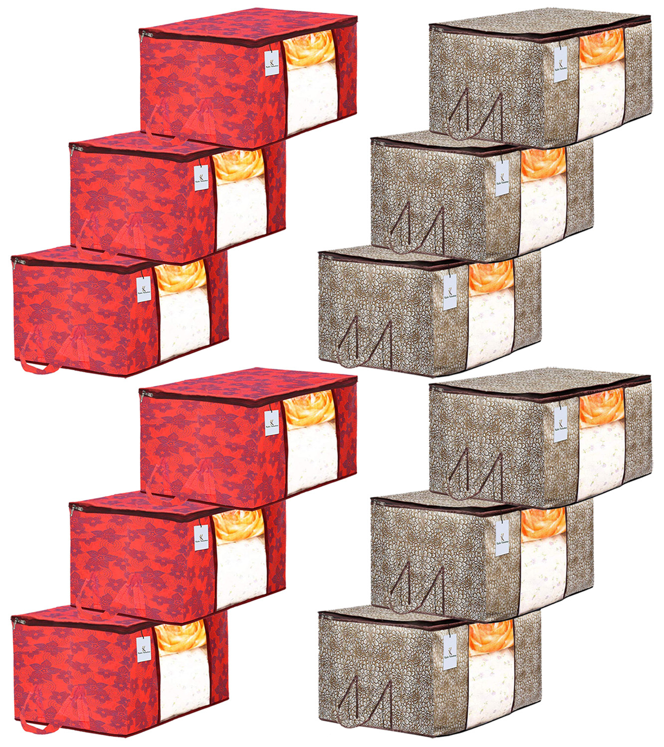Kuber Industries Metalic Printed Non Woven Fabric Underbed Storage Bag,Cloth Organiser,Blanket Cover with Transparent Window, Golden Brown & Red -CTKTC41051
