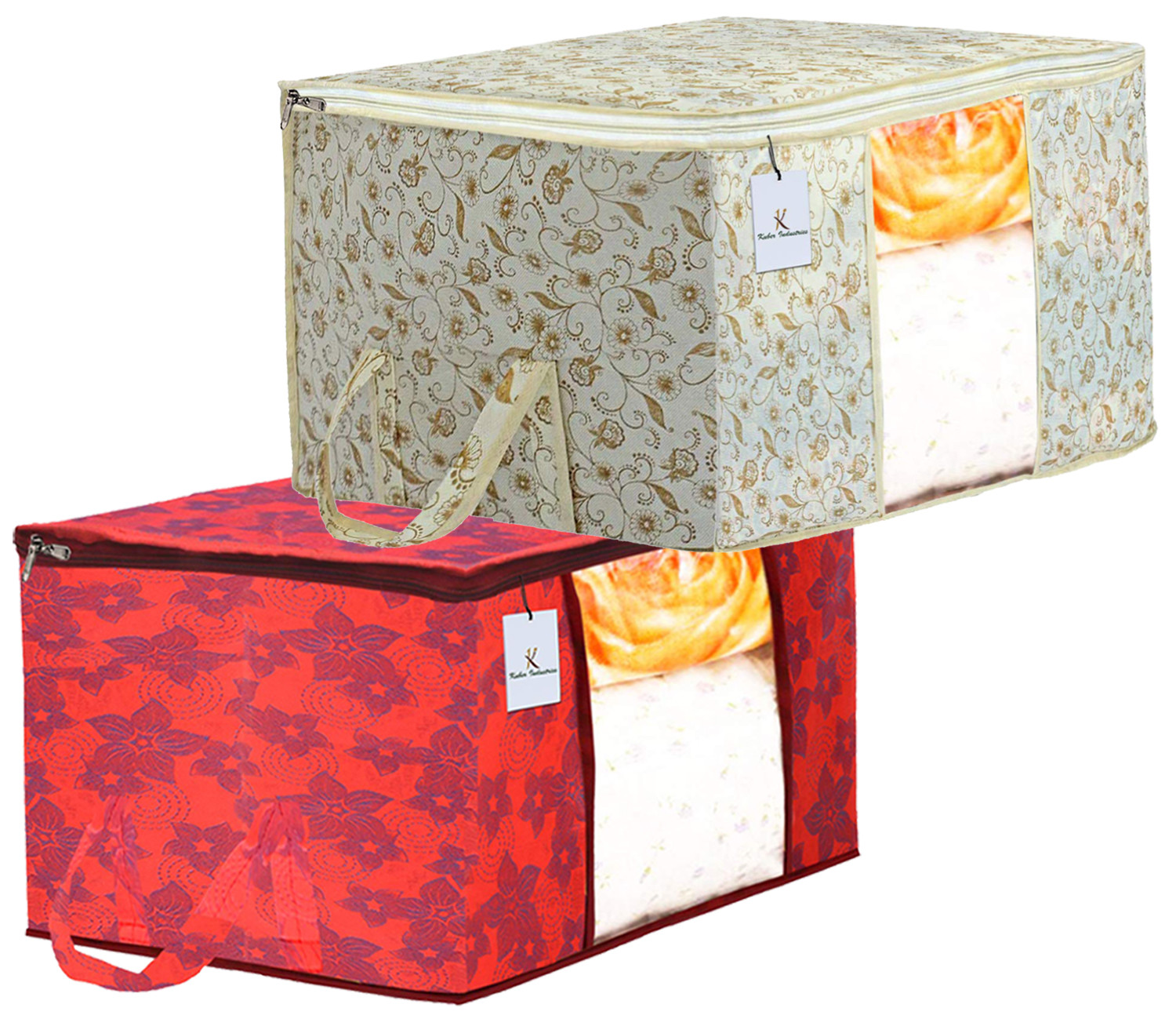 Kuber Industries Metalic Printed Non Woven Fabric Underbed Storage Bag,Cloth Organiser,Blanket Cover with Transparent Window, Brown & Red -CTKTC41053