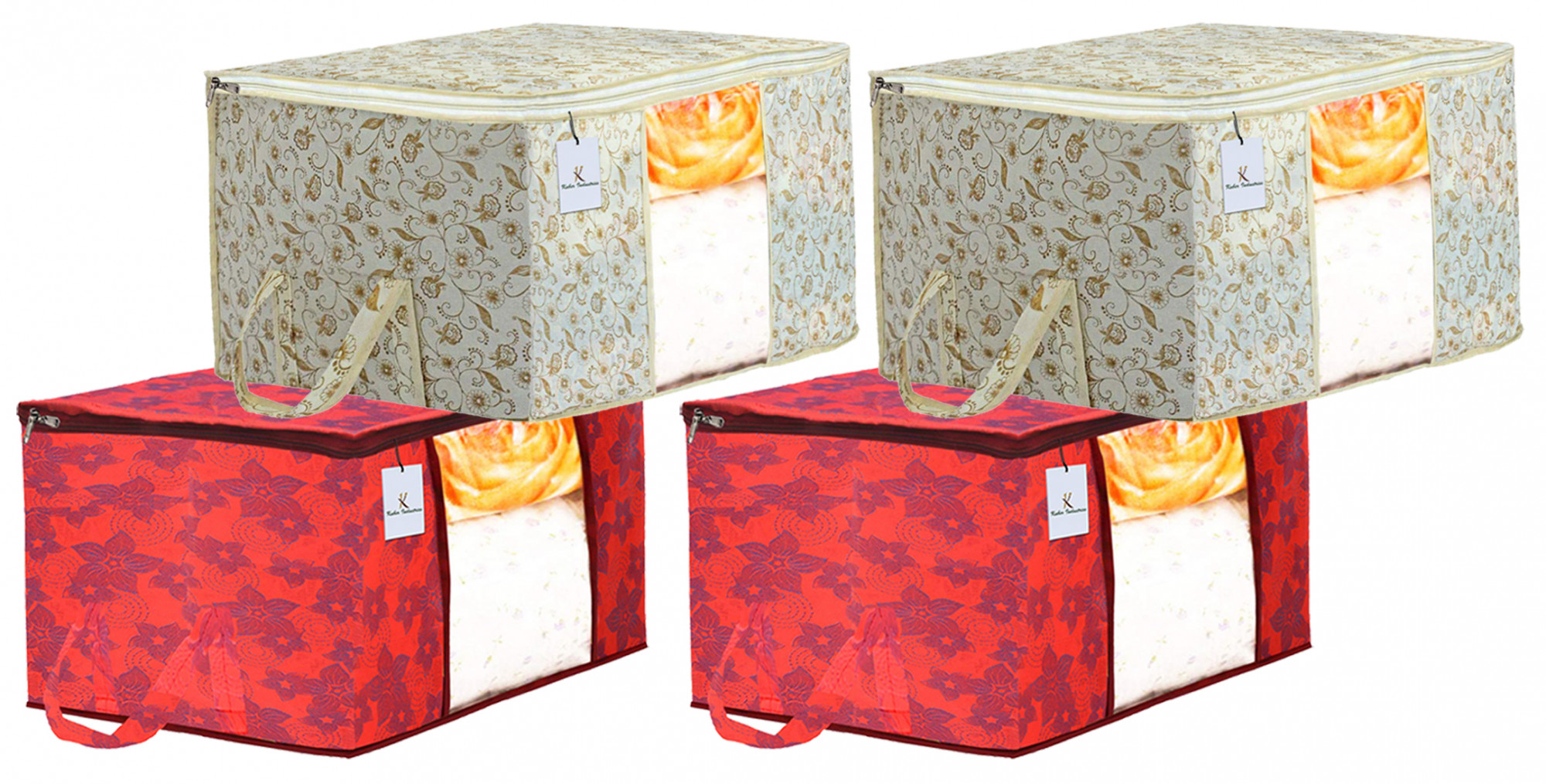 Kuber Industries Metalic Printed Non Woven Fabric Underbed Storage Bag,Cloth Organiser,Blanket Cover with Transparent Window, Brown & Red -CTKTC41053