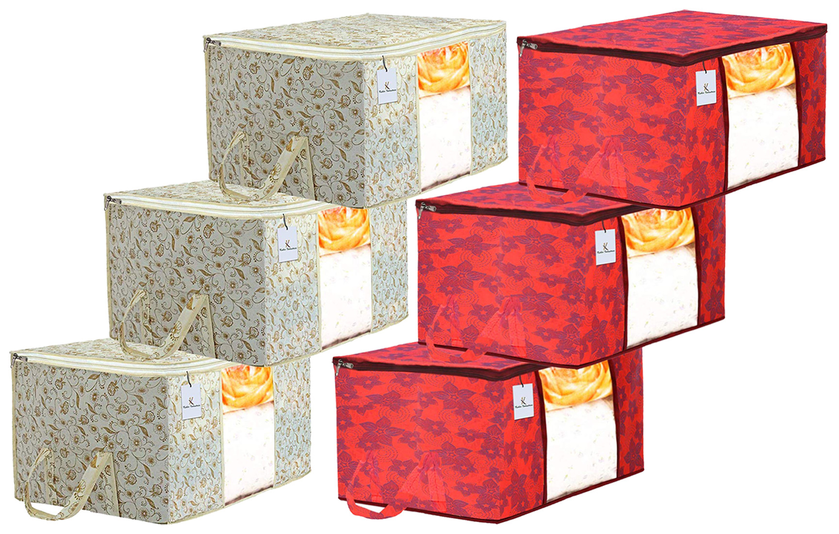 Kuber Industries Metalic Printed Non Woven Fabric Underbed Storage Bag,Cloth Organiser,Blanket Cover with Transparent Window, Brown & Red -CTKTC41053